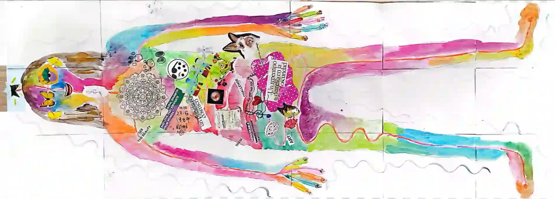 Collage de una silueta femenina con muchos colores en acuarela y recortes de revistas