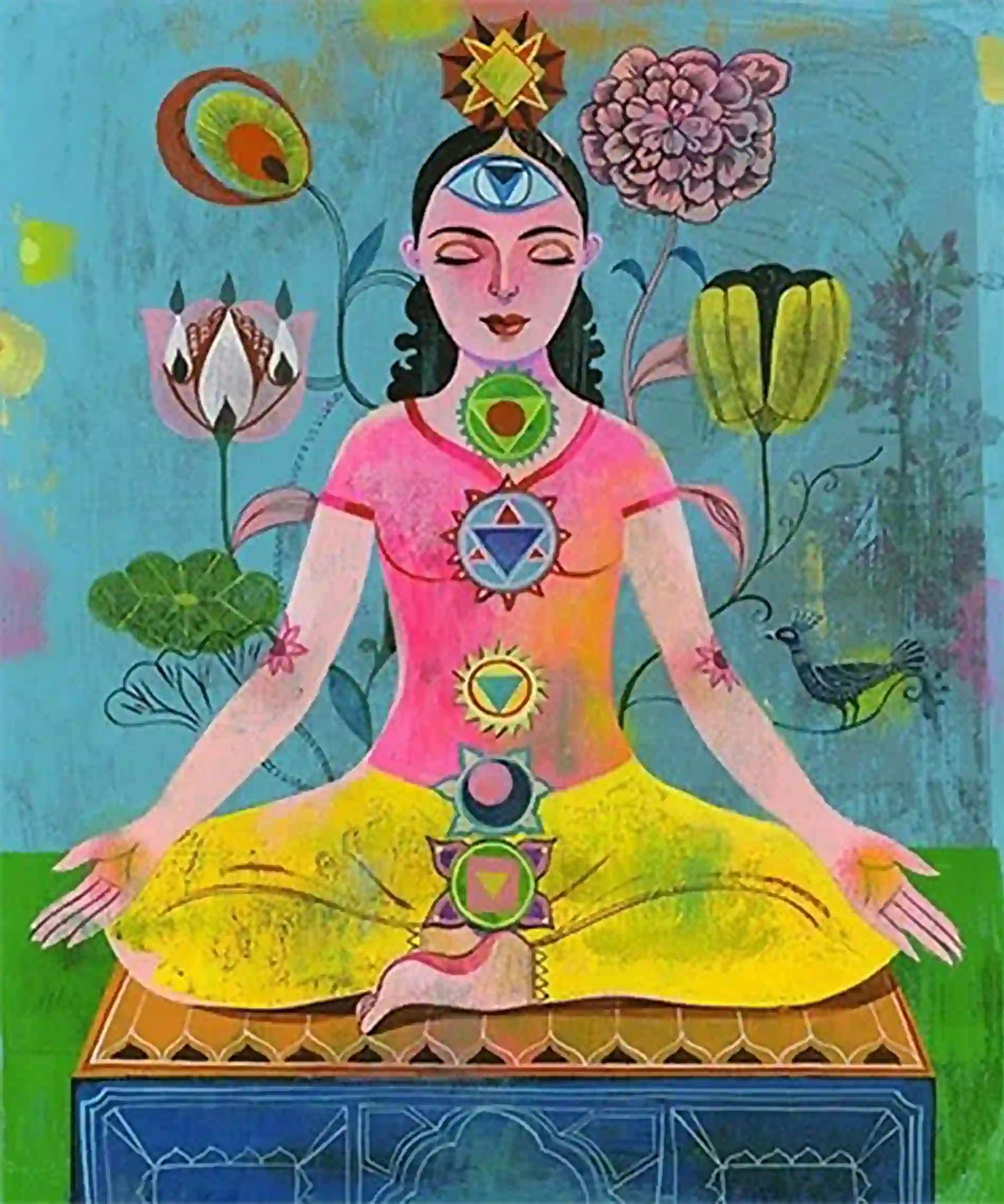 Ilustración de una mujer en posición de meditación y los siete chakras recorriendo su cuerpo