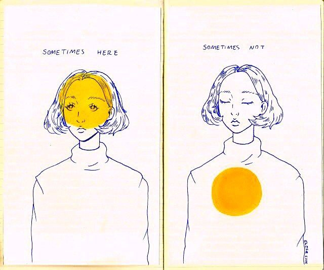 Ilustración Elliana Esquivel en dos cuadros, de una mujer pensando y sintiendo, caracterizadas por un círculo amarillo en la cabeza y otro en el pecho, respectivamente