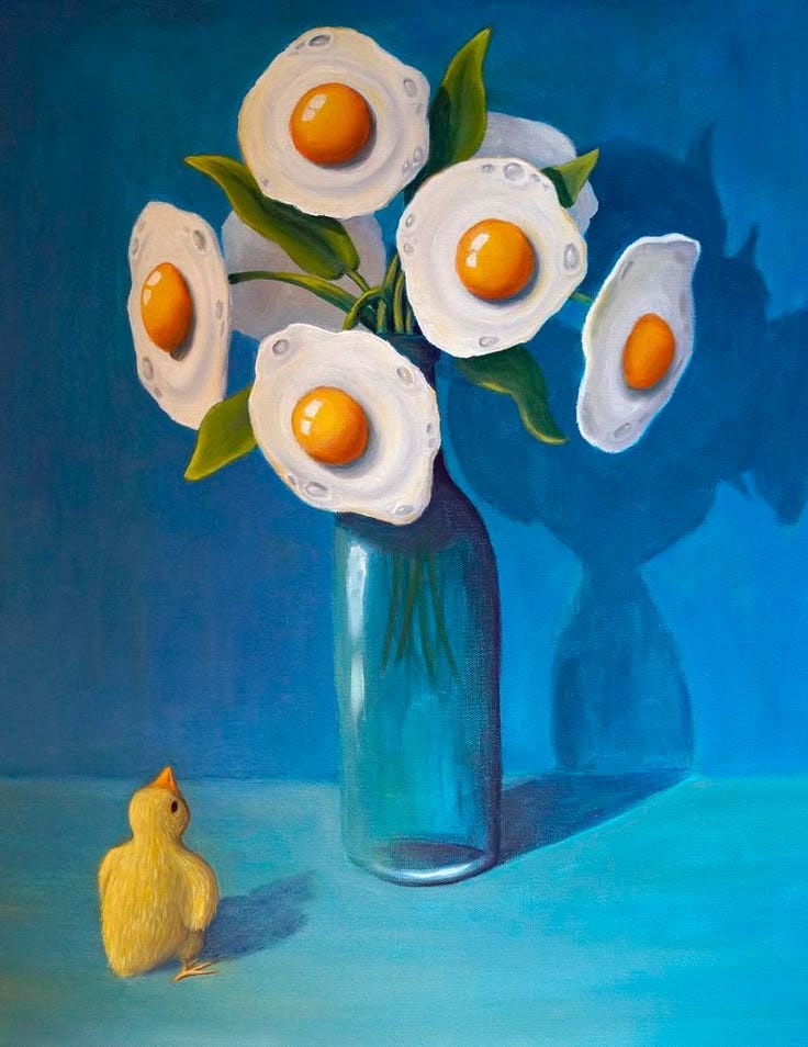 Pintura de un pollito mirando un ramo de flores que en realidad son huevos fritos