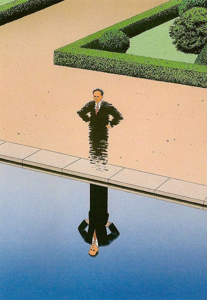 Ilustración de Guy Billout de un hombre inclinado sobre el reflejo del agua en un parque, mirando su reflejo, perplejo
