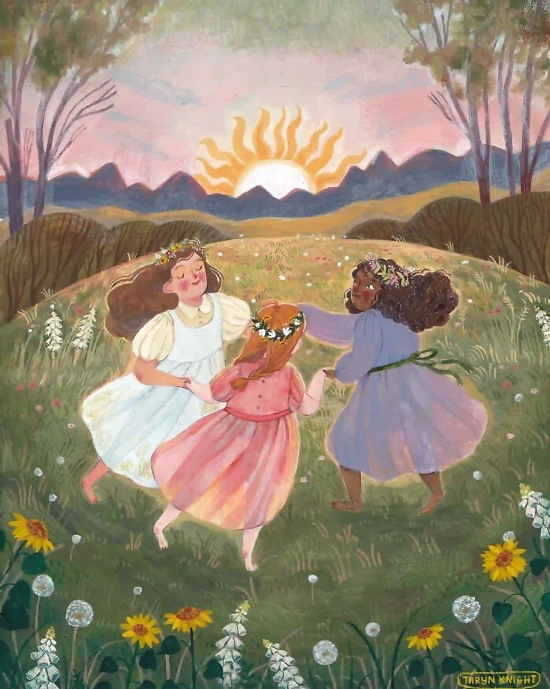 Ilustración de Taryn Knight de tres niñas bailando en un bosque